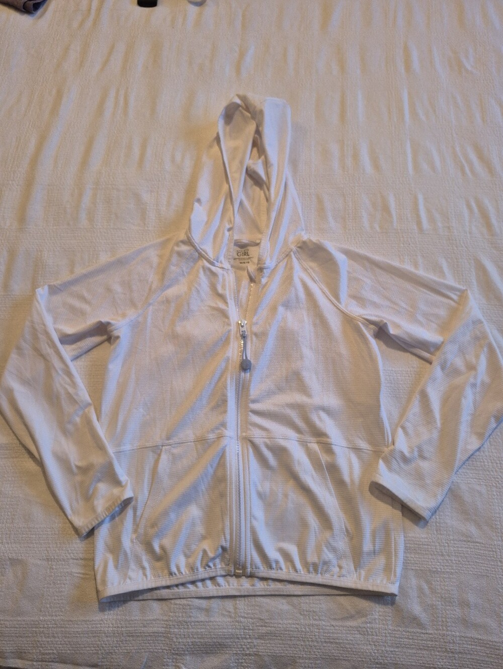 Athleta girls size Medium or 8-10 white 2 pockets lt weight hoodie full zip NWOT